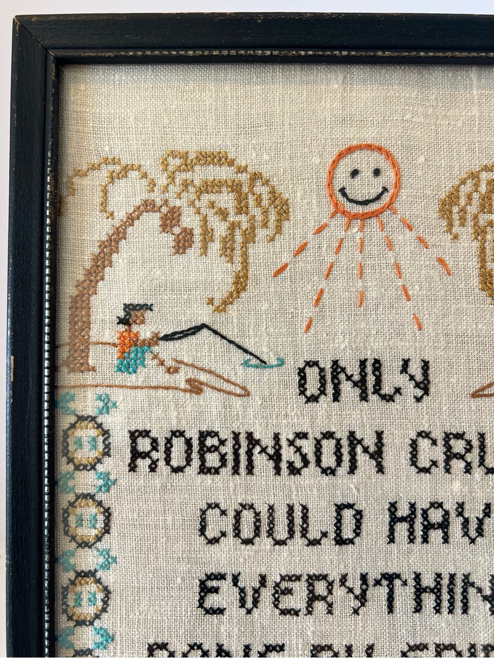 Vintage Framed Cross Stitch Sampler Robinson Crusoe Quote Island Folk Art - Picture 3 of 10